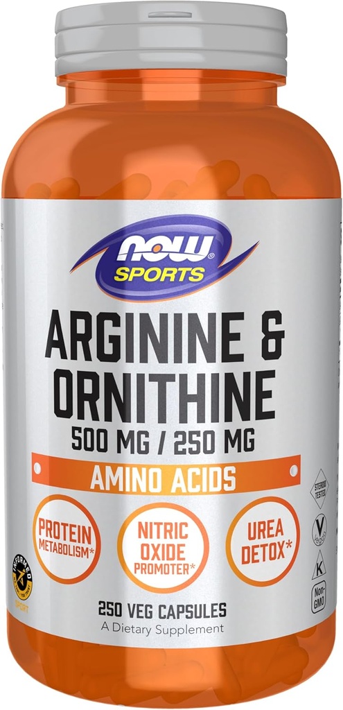 MAINTENANT Aliments Sports Nutrition, Arginine et Ornithine 500/250 mg, Amino Acides, 250 Capsules de Veg
