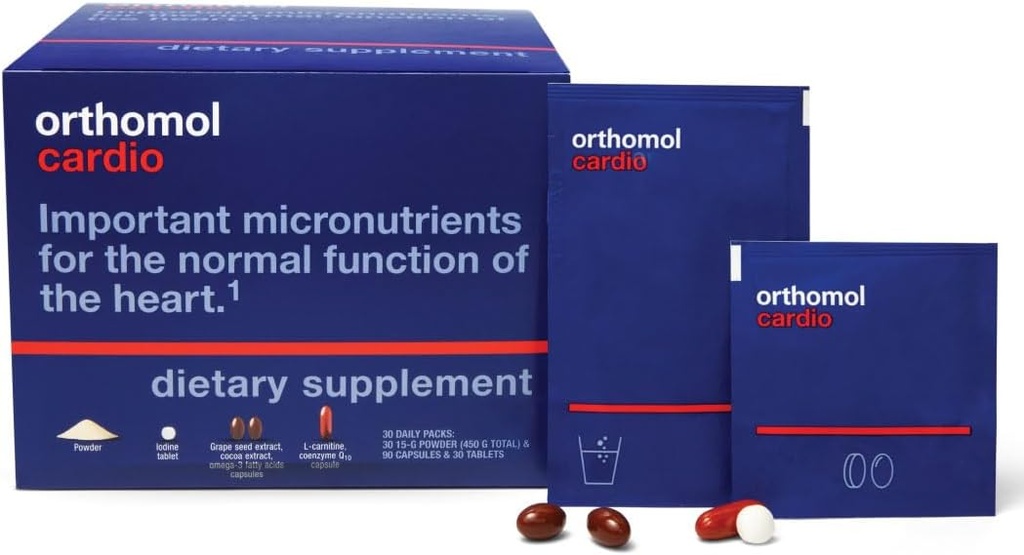 Cardio d'orthomole, Suppléments de santé cardiaque pour la circulation et le soutien vasculaire, Omega-3, Magnésium, Cocoa Polyphénols & Vitamines B, soutient la santé cardiovasculaire, 30 jours d'approvisionnement, poudre + comprimés+ Capsules