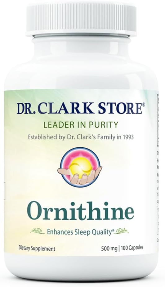 Dr Clark Ornithine Dietary Supplement - sans gluten, aide naturelle au sommeil, favorise le métabolisme des protéines, nettoyage et désintoxication, 500mg, 100 Capsules de gélatine