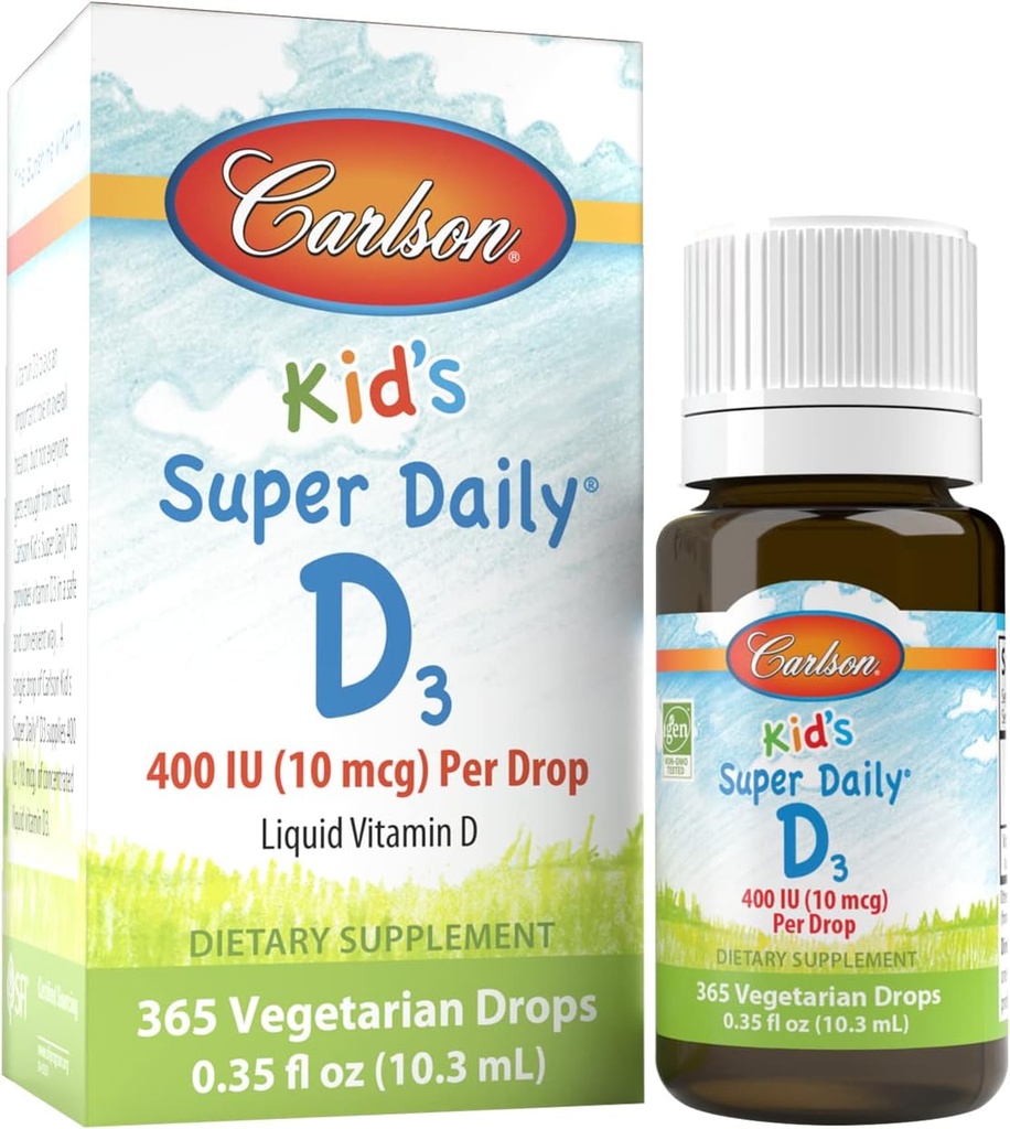 Carlson - Kid's Super Daily D3, Kid's Vitamine D gouttes, 400 UI (10 mcg) par goutte, Santé cardiaque, Soutien immunitaire, Végétarien, Liquid Vitamine D gouttes, Non aromatisé, 365 gouttes