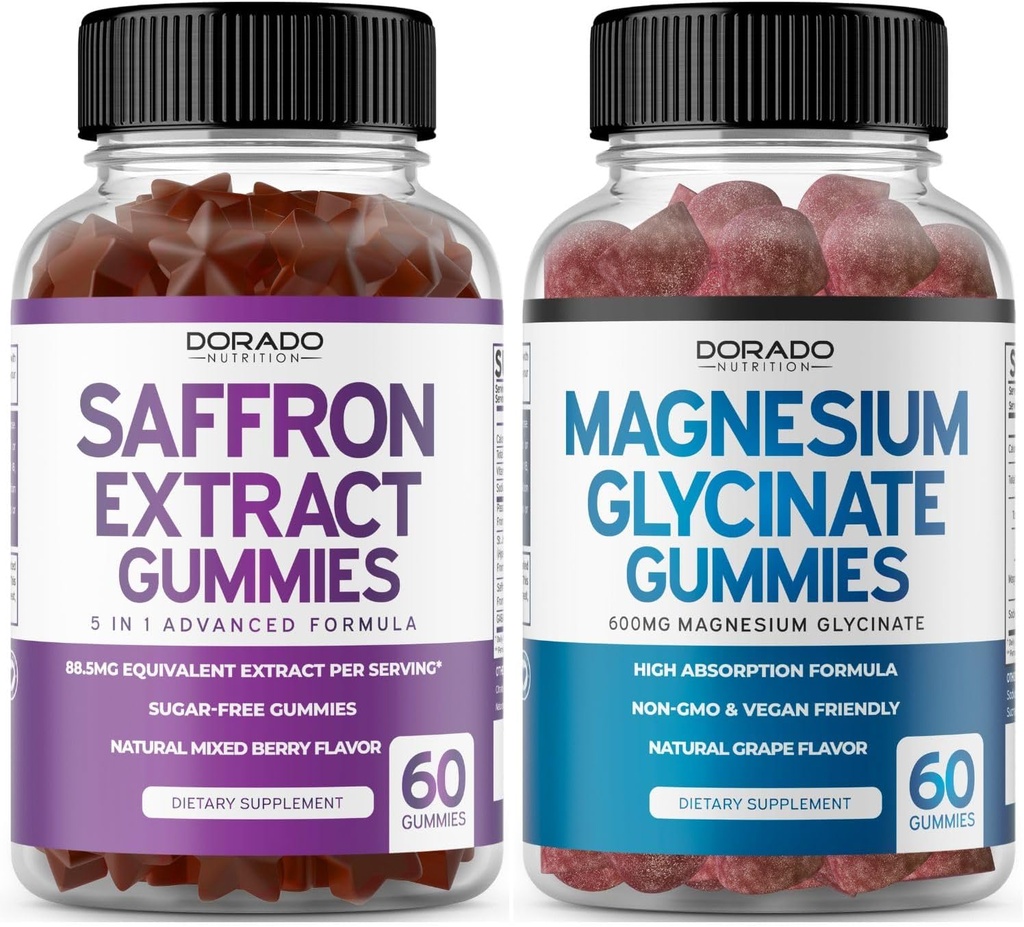 Suppléments de safran (60 Gommies) 5 en 1 Formule avancée sans sucre Gommy - Delicious Raspberry Flavor et Magnésium Glycinat (60 Compte) Glycinat pur pour adultes - Non-OGM, Vegan & USA Made