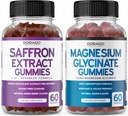 Suppléments de safran (60 Gommies) 5 en 1 Formule avancée sans sucre Gommy - Delicious Raspberry Flavor et Magnésium Glycinat (60 Compte) Glycinat pur pour adultes - Non-OGM, Vegan & USA Made