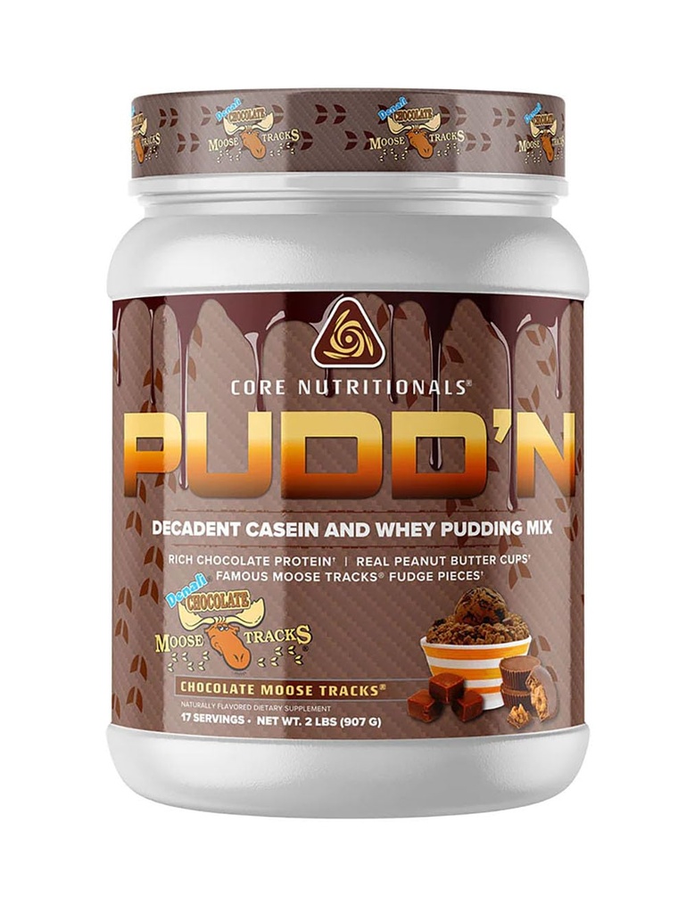 Noyaux nutritionnels Pudd'n, Mélange de pudding de protéines décadentes, Divulgation complète Mélange de caséine, Libération prolongée, Protéine 20G, 17 portions (Tracks d'orignaux chocolatés, 2 lb)
