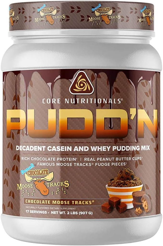 Noyaux nutritionnels Pudd'n, Mélange de pudding de protéines décadentes, Divulgation complète Mélange de caséine, Libération prolongée, Protéine 20G, 17 portions (Tracks d'orignaux chocolatés, 2 lb)