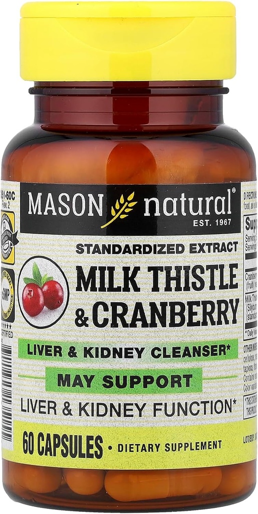 Vitamines de Mason Thistle de lait/Cranberry Foie et Gélules nettoyant le rein, 60 Compte