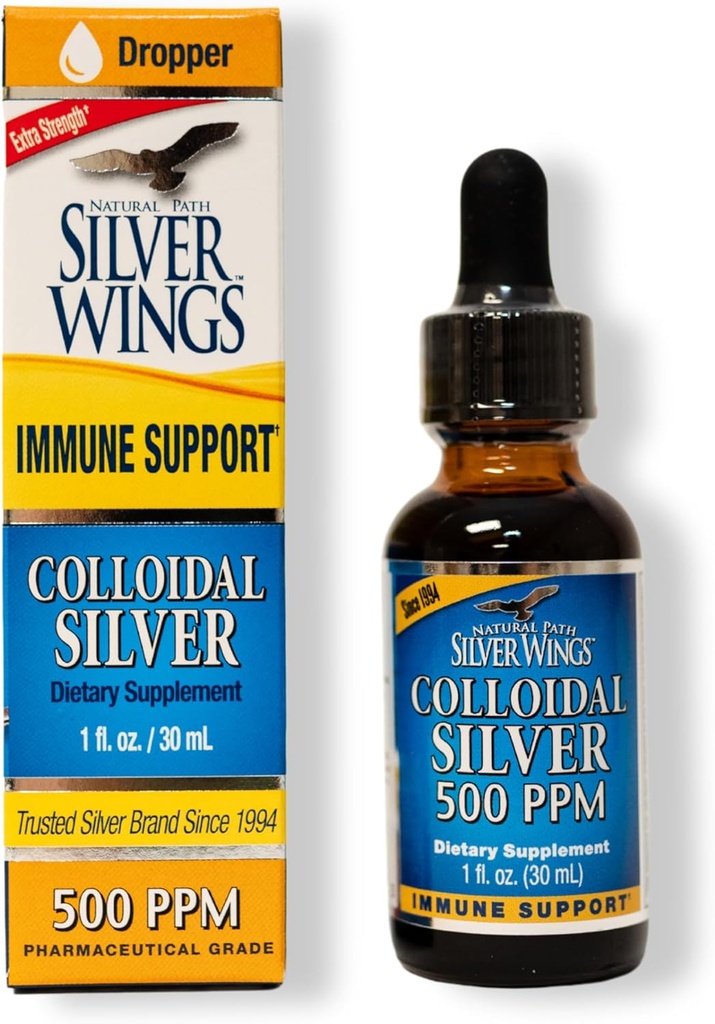 Natural Path Silver Wings Colloidal Silver 500PPM, Amber Brown Liquid Immune Support, 1 Fl Oz (Pack of 1)
