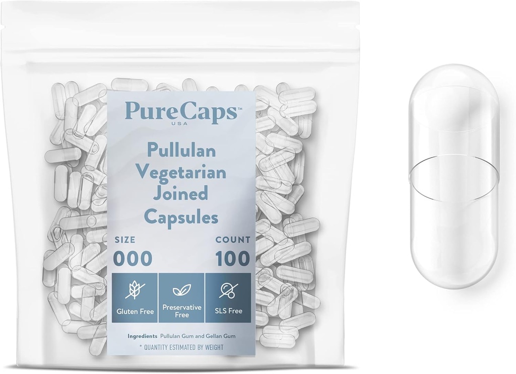 PureCaps USA - Vide Végétarien Végétarien Pullulan Pill Capsules Taille 000: 1000 Pills rejoints Effacer: Non-OGM certifié: SLS, Gluten, Preservative Free