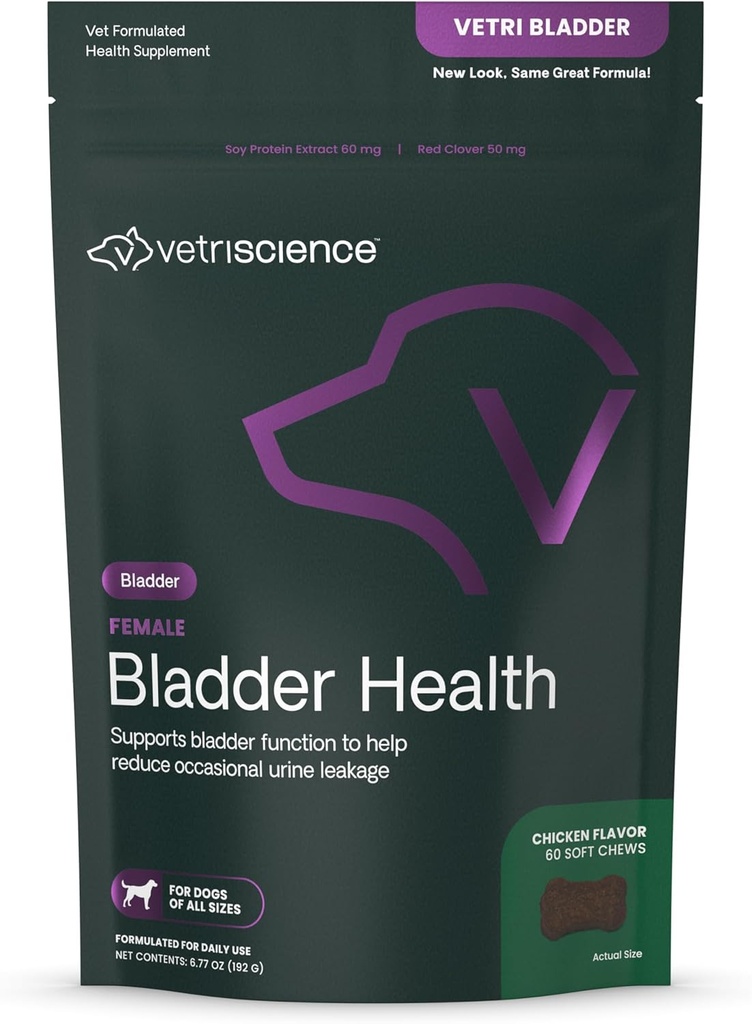 VETRISCIENCE Bladder Health Chews, Vetri Bladder Supplement for Dogs, Incontinence Support, Reduce Urine Leakage and Overactive Bladder, Soy Protein and Red Clover, Chicken, 60 Count