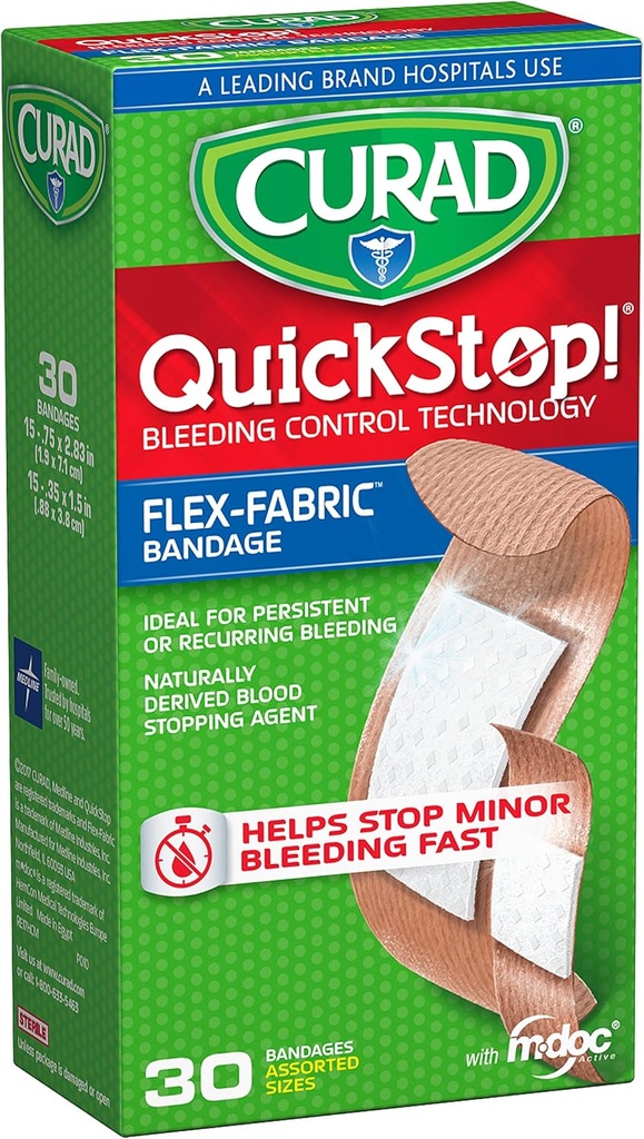 CURAD QuickStop Bleeding Control Bandes de tissus flexibles, tailles assorties, 30 Nombre
