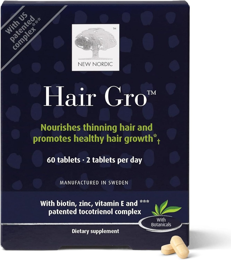 NEW NORDIC Hair GRO, complément de croissance des cheveux, tocotriénols d'extrait de biotine et de fruits de palme pour la repousse naturelle, 60 comtes (paquet de 1)