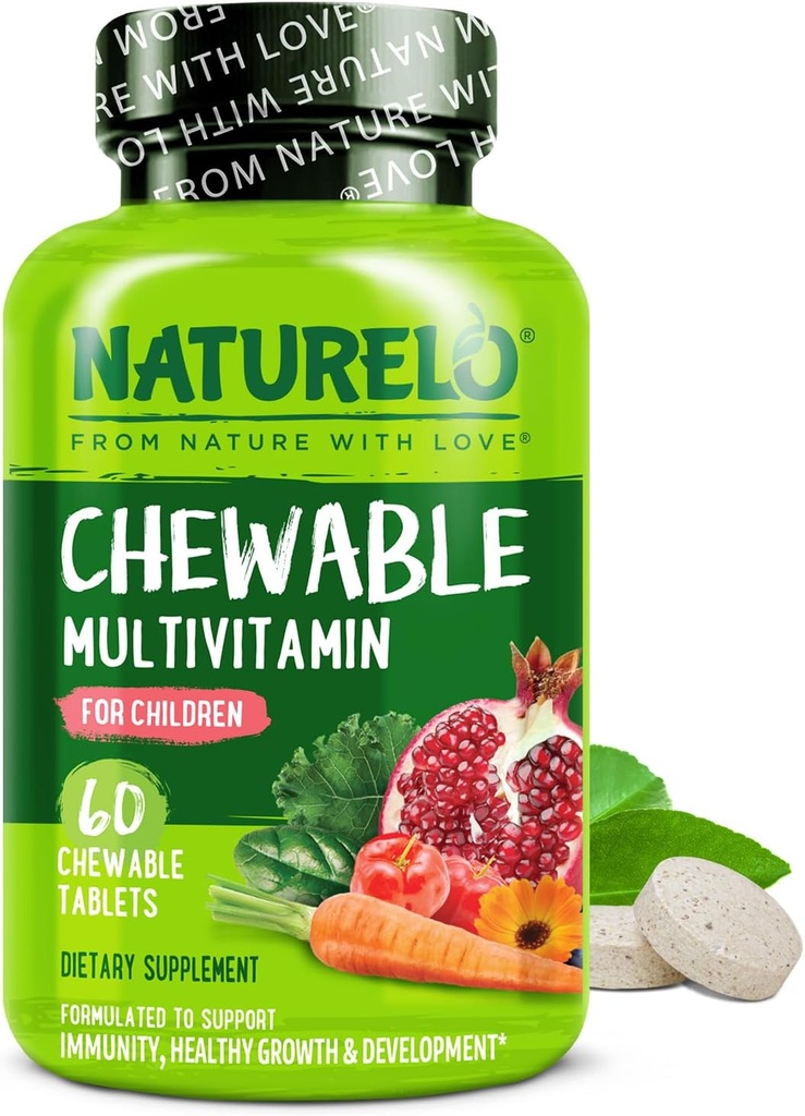 NATURELO Chewable Vitamin for Kids Multivitamin with Whole Food Organic Fruit Blend - 60 Tablets for Children