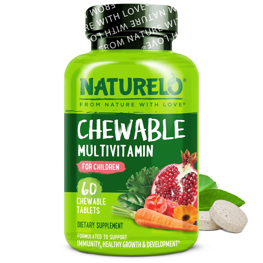 NATURELO Vitamine à croquer pour les enfants Multivitamine avec des aliments entiers Mélange de fruits biologiques - 60 comprimés pour les enfants