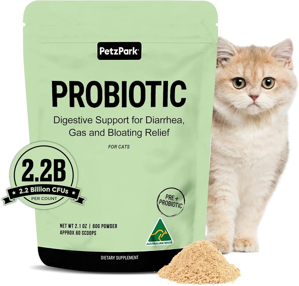Probiotique pour les chats et les chatons - Poudre probiotique pour la prévention des boules de cheveux, le soutien digestif, la santé immunitaire, les prébiotiques et le soulagement de la diarrhée - Convient aux chats et chatons d'intérieur - 60 scoops