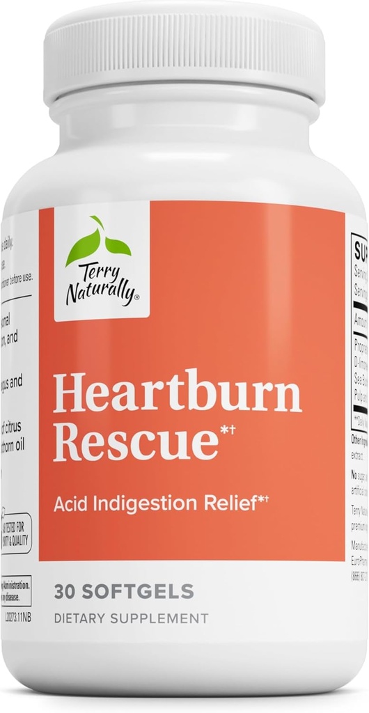 Terry Naturally Heartburn Rescue - Supplément alimentaire pour aider le soulagement de l'indigestion acide - Soutien de santé digestif avec D-Limonène et Buckthorn de mer - Aides occasionnelles Heartburn Relief - 30 Softgels