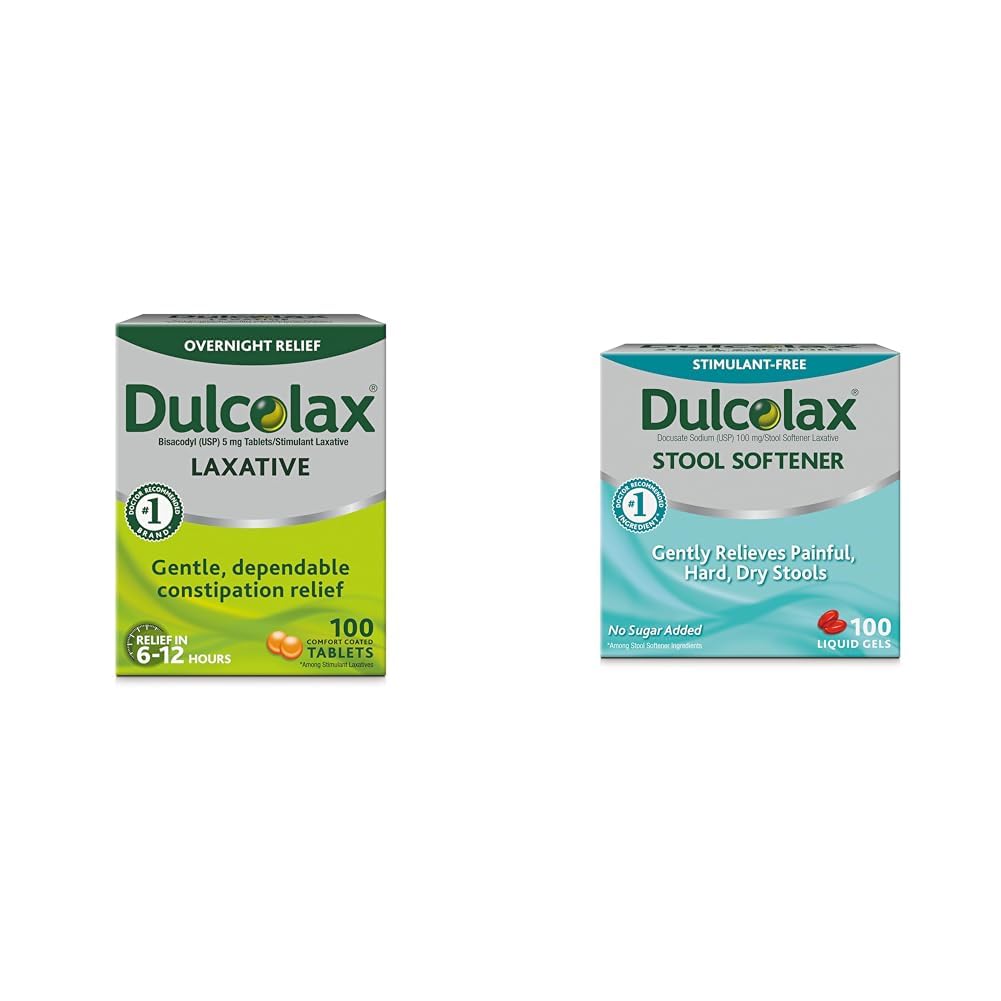 Dulcolax Stimulant Comprimés Laxatifs (100 Compte) Sodium doux de Constipation Nuit, Bisacodyl 5mg & Stool Softener Capsules de Gel liquide laxatif (100ct) pour Sodium doux, Docusate 100mg
