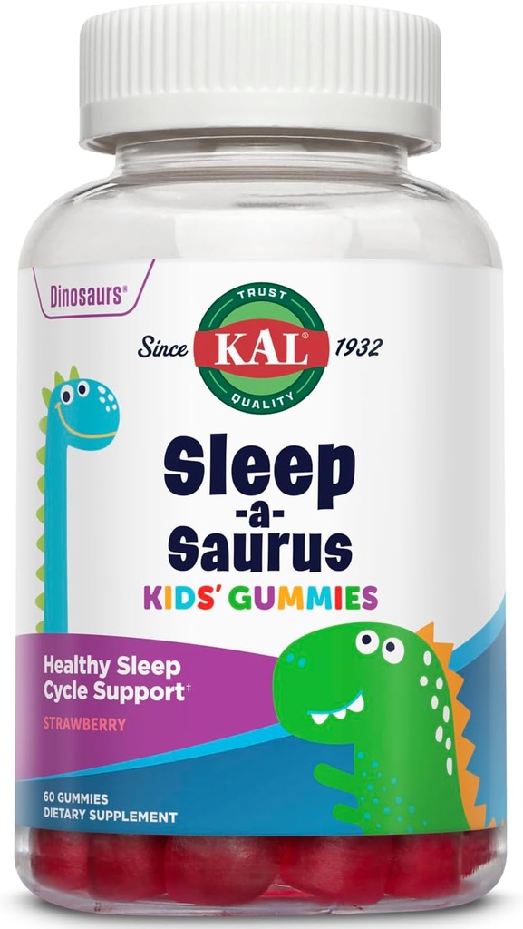 KAL Sleep-a-Saurus Mélatonine Gommies pour les enfants, 1 mg Mélatonine pour les enfants Healthy Sleep Cycle Support, Vegan & Gluten Free, Pas d'arômes ou de couleurs artificiels, garantie de 60 jours, 60 portions, 60 Gommies