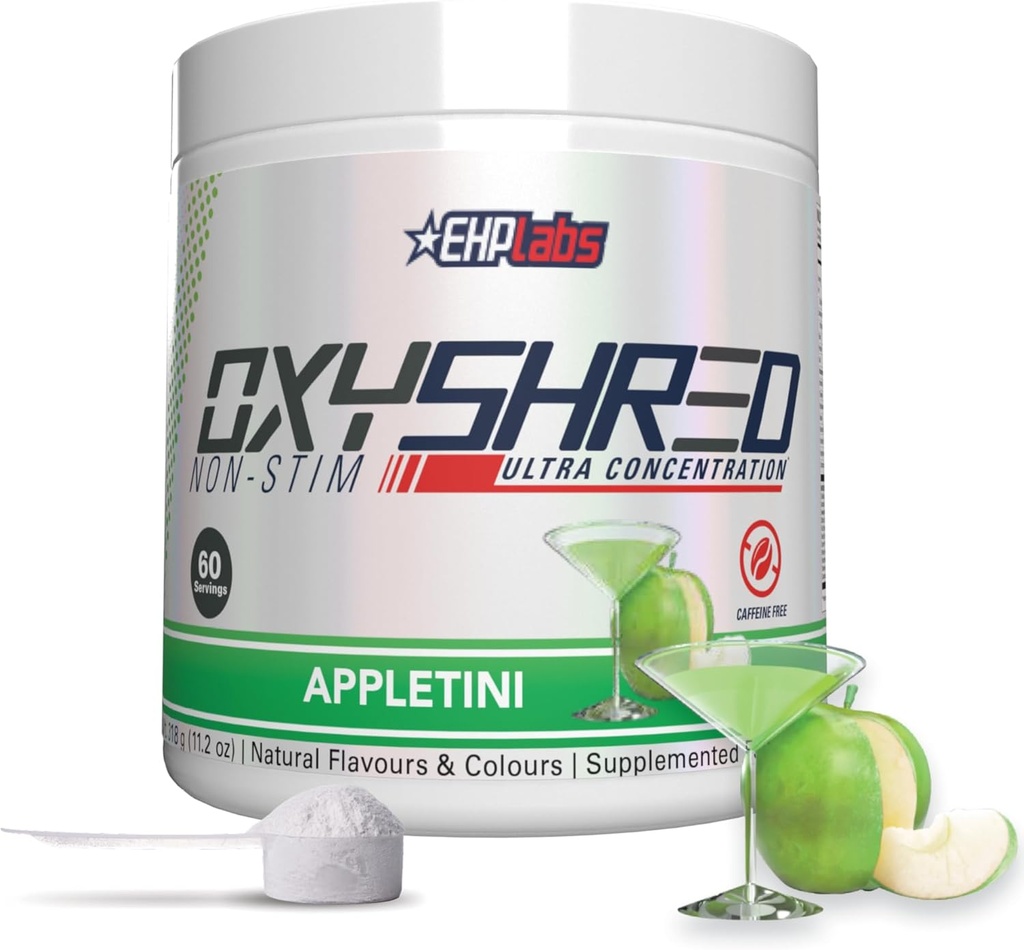 EHP Labs OxyShred Non Stimulant Pre Workout Powder - Stim Free Pre Workout, Caffeine Free Preworkout pour les hommes et les femmes avec L Glutamine et acétyl L Carnitine - Apple, 60 portions