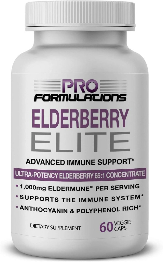 Pro Formulations — Elderberry Elite — Extrait de Elderberry le plus fort disponible 65:1 — Capsules de soutien immunitaire avancé - 60 ct — 1 000 mg par portion — Végétarien, Pas de colorants ou de saveurs artificiels