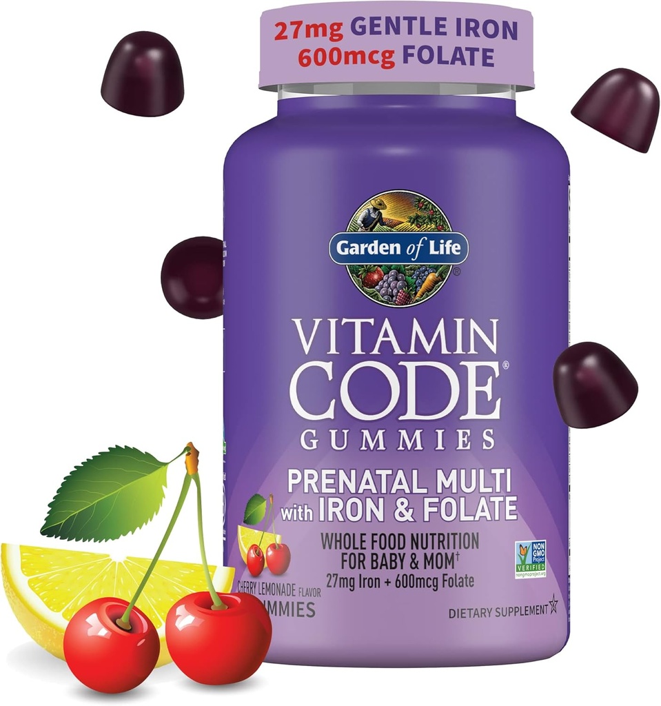 Vitamines Gommy prénatales essentielles pour les femmes avec le fer: Folate, Biotine, D3 & B12 + Probiotiques pour la digestion, Multivitamine Code Vitamine, Non-OGM, Sans gluten, 90 Gommies de citronnade de cerise, 30 jours d'approvisionnement
