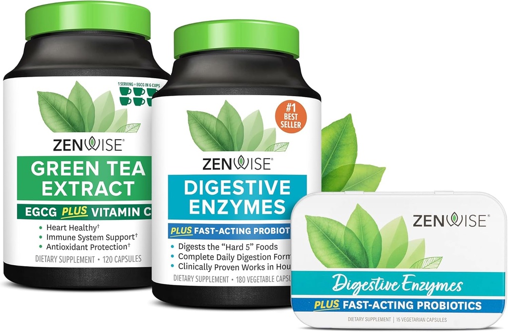 Enzymes digestifs de la santé Zenwise, extrait de thé vert et étain de voyage gratuit