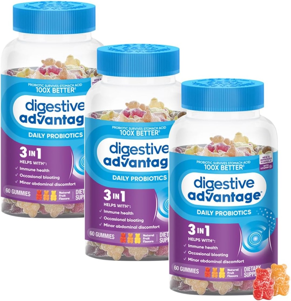 Avantage digestif 3-en-1 Saveurs de fruits naturelles Gommies probiotiques pour les femmes et les hommes Bloaging occasionnel, trouble abdominale mineur et santé des gommies, 60 comtes Gommies (3 pack)