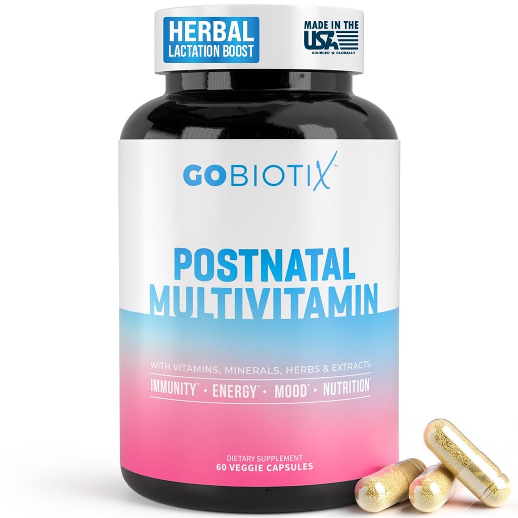GOBIOTIX Vitamines postpartum pour les mamans allaitantes - Supplément d'allaitement postnatal aux herbes biologiques, minéraux, nutriments pour les nouvelles mères et les bébés - Essentiels postpartum, non OGM, végétalien, 60 capsules