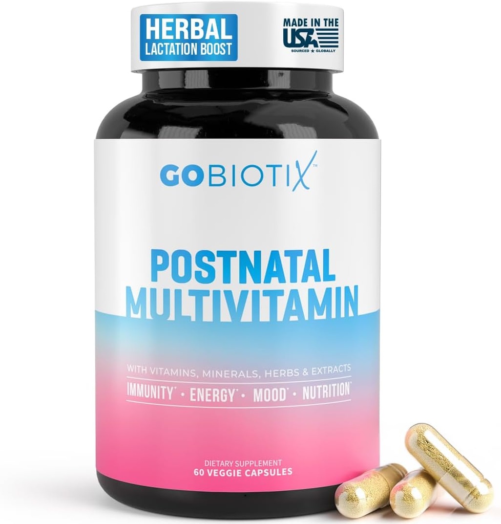 GOBIOTIX Vitamines postpartum pour les mamans allaitantes - Supplément d'allaitement postnatal aux herbes biologiques, minéraux, nutriments pour les nouvelles mères et les bébés - Essentiels postpartum, non OGM, végétalien, 60 capsules