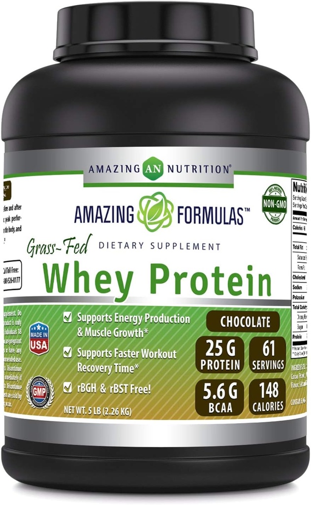 Amazing Formulas Grass-Fed Whey Protein Supplement | Chocolate Flavor | 25 G Protein Per Serving | Non-GMO | Gluten-Free | Made in USA