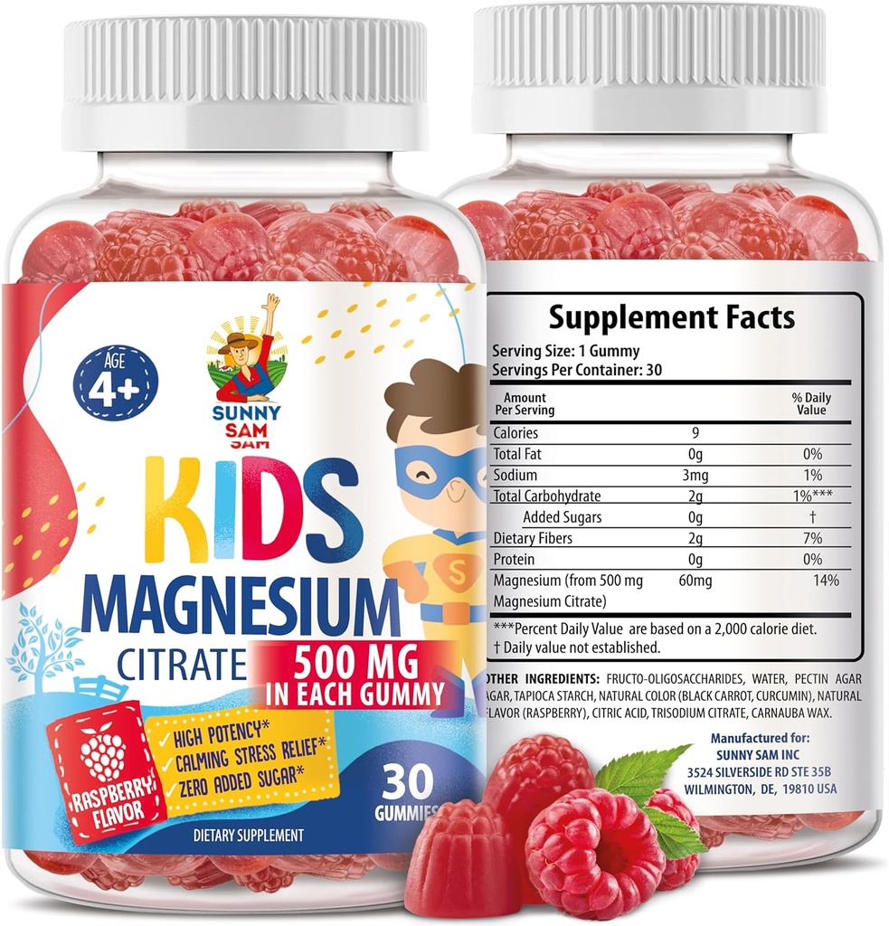 Gommies de magnésium sans sucre pour les enfants et les adolescents - 500mg Citrate de magnésium calme - Supplément de gommy de magnésium pour le sommeil, l'humeur et le soutien musculaire - 30 jours d'approvisionnement