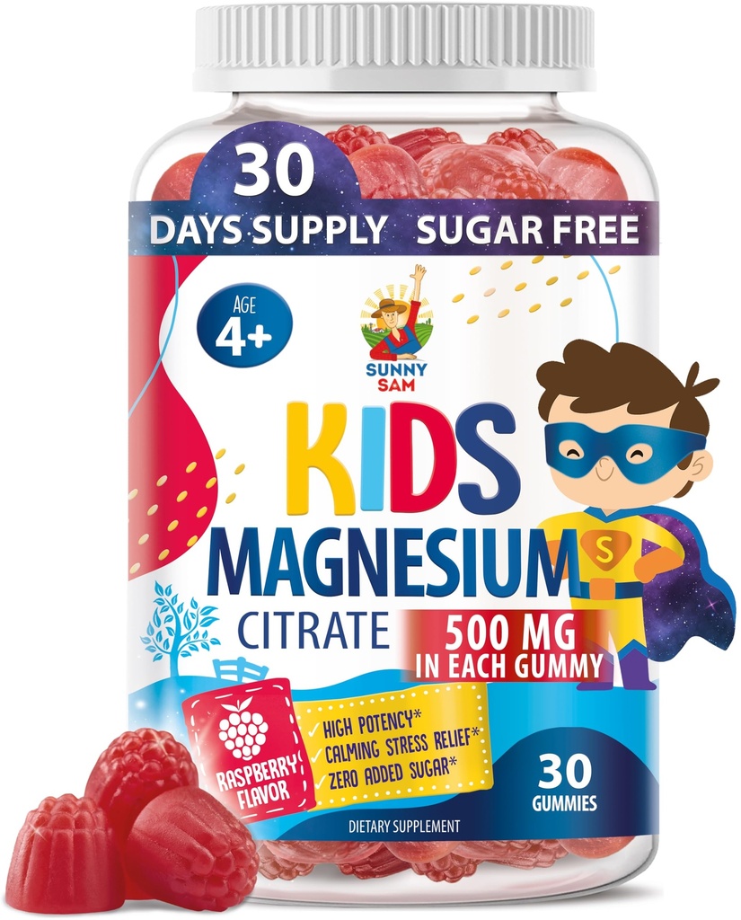 Gommies de magnésium sans sucre pour les enfants et les adolescents - 500mg Citrate de magnésium calme - Supplément de gommy de magnésium pour le sommeil, l'humeur et le soutien musculaire - 30 jours d'approvisionnement
