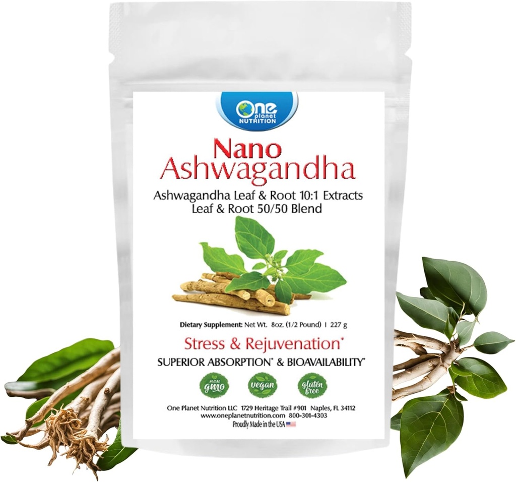 Une planète Nutrition Nano Ashwagandha Feuille et poudre de racine 8 oz (227 portions), 10:1 Extrait, soutient la clarté mentale, non-OGM, végétalien, sans gluten