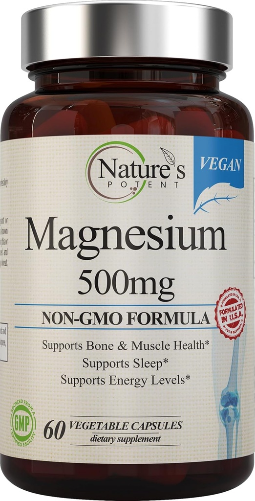 Nature's Potent Magnesium Supplements | Magnesium Citrate & Magnesium Oxide 500mg | Vegan Magnesium Supplement for Women & Men | USA Made Magnesium for Sleep Support - 60 Veggie Capsules