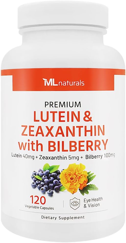 ML Naturals Premium Lutein & Zeaxanthin with Bilberry 120 Vegetable Capsules. Lutein 40 mg, Zeaxanthin 5 mg, and Bilberry 100 mg. Premium Quality. Healthy Eyes & Vision, NSF-Certified & cGMP-Compliant