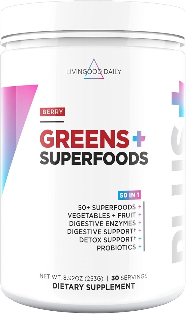 Livingood Daily Greens & Superfood Powder, Super Greens for Gut Health, Green Juice Powder with Spiruline, Chlorella, and Digestive Enzymes, Probiotiques for Digestive Support, Berry, 30 portions
