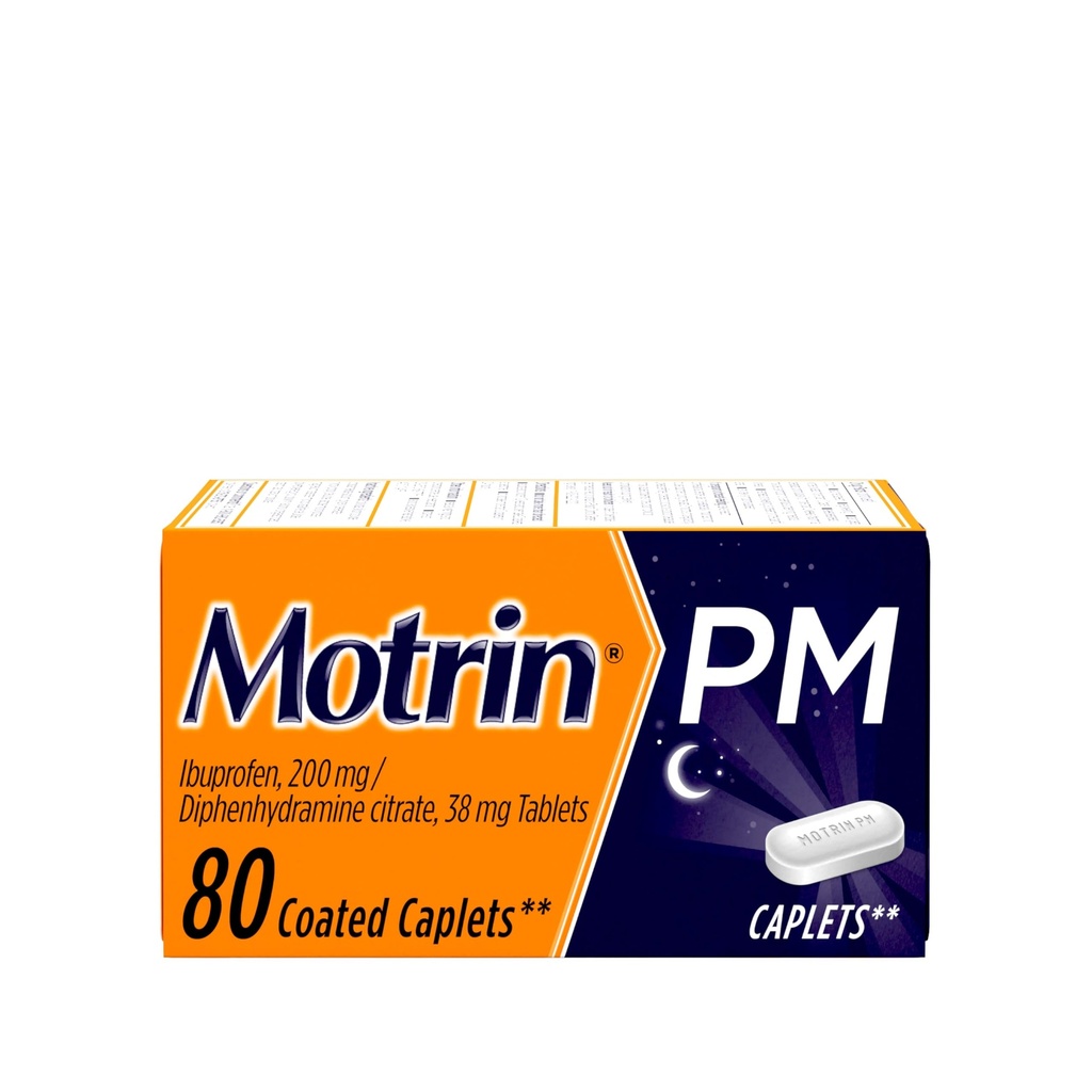 Motrin PM Caplets avec 200 mg d'Ibuprofène et 38 mg de Diphénhydramine Aide au sommeil, anti-douleur nocturne pour les douleurs mineures, en vrac, 80 ct