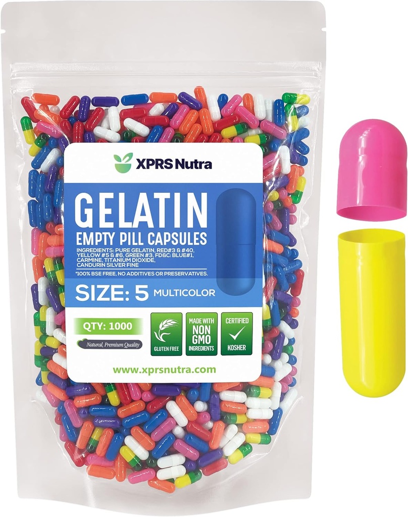 XPRS Nutra Taille 5 Capsules vides - 1000 Compte très petites Capsules de gélatine vides - Pills Bricolage Capsule Remplissage - Gel de pilules rempliss pour Do-It-Youlf Vitamine Suppléments (Multi Color)