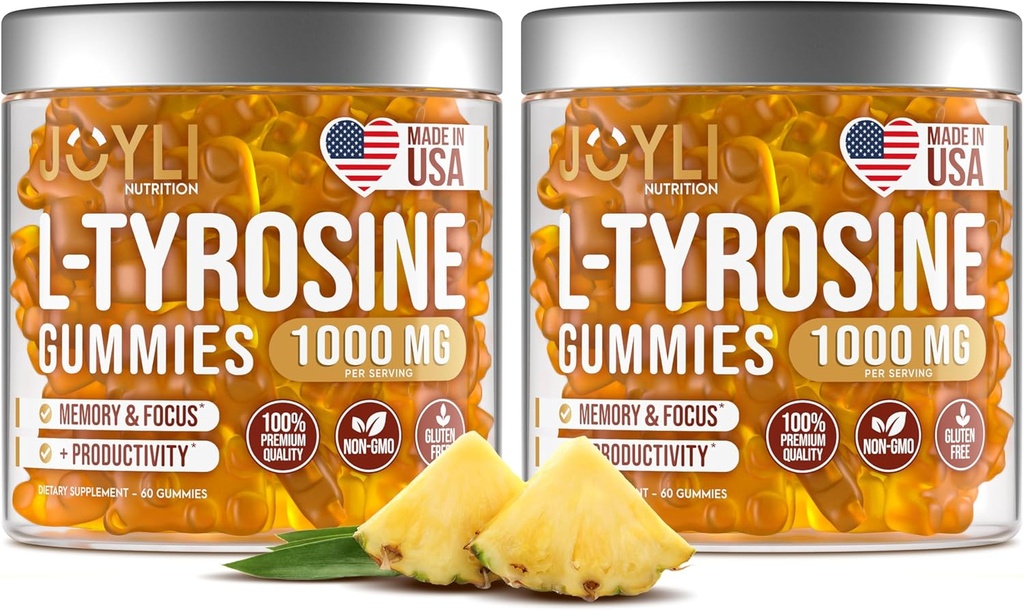 2 Pack - JOYLI L-Tyrosine Gummies 1000MG – Supplément de Focus Vegan sans sucre et support d'humeur pour les enfants et les adultes – 500mg par Gummy – Gummies de sommeil pour la mémoire, l'énergie et le bien-être – 60 Pcs par Pack