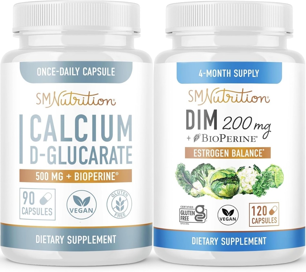 SMNutrition 200mg Supplément DIM avec Calcium D-Glucarate -Hormone Balancing Bundle avec DIM Diindolylméthane Capsules (120 portions) et Vegan sans gluten Supplément CDG non-OGM (90 portions)