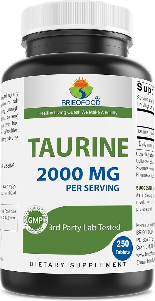 Brieofood Taurine 2000 mg par portion - 250 comprimés - 3e laboratoire de partie testé pour la pureté et la qualité