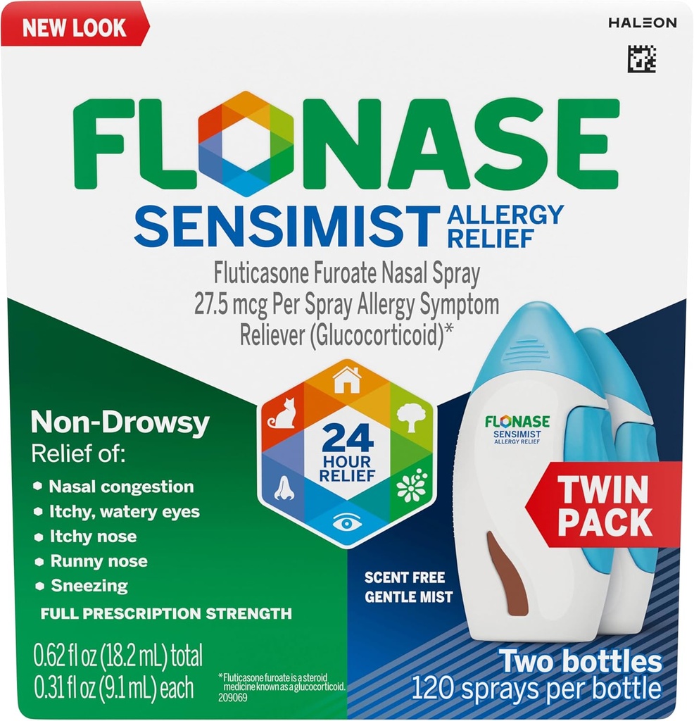 Vaporisateur anti-allergie sensimiste Flonase pour allergènes multisymptômes non somnolents – 120 sprays (paquet de 2)