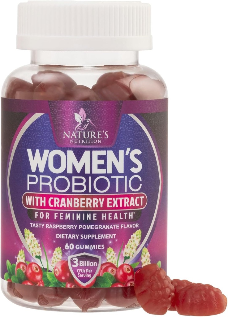 Probiotiques pour les femmes Gommies avec canneberge - 6 souches Premium pour l'équilibre PH, la santé digestive, le soutien vaginal et immunitaire, 3 milliards CFU, Gommy probiotique pour les femmes pour la santé féminine - 60 Gommies