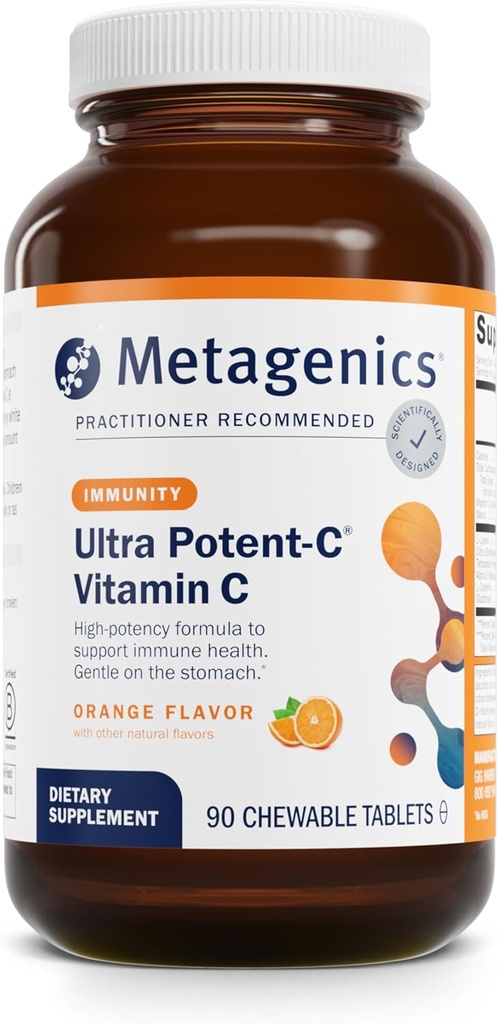 Métagène Ultra Potent-C Chewable - 250 mg de vitamine C tamponnée avec bioflavonoïdes, L-Lysine et L-Cysteine - Immune & Antioxydant Support - Non-OGM, sans gluten - Arôme Orange Naturel - 90 comprimés