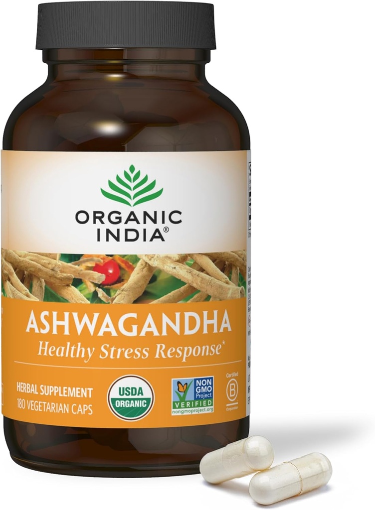 INDE ORGANIQUE Capsules Ashwagandha - Supplément Organique Ashwagandha - Racine d'Ashwagandha Vegan, sans gluten, sans casher, sans OGM, soutient le stress, l'énergie et le sommeil - 180 Capsules