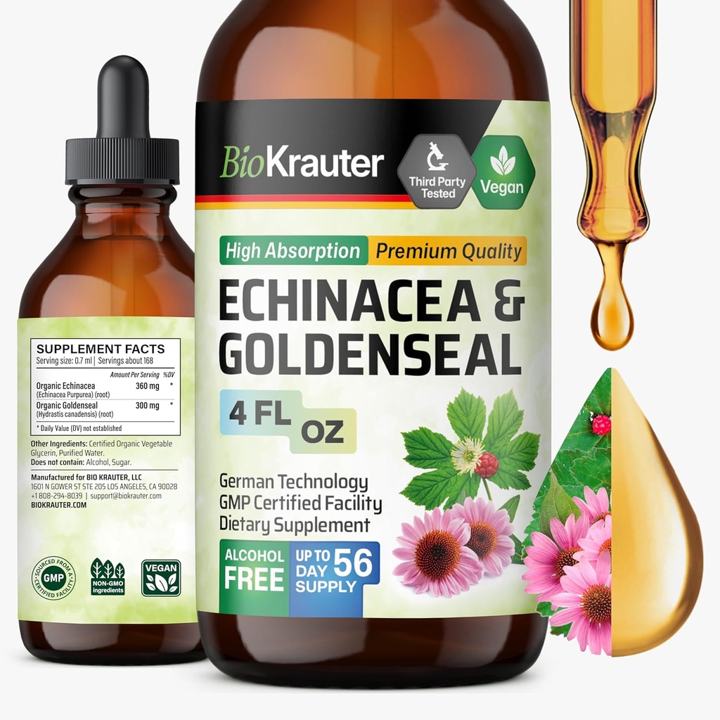 BIO KRAUTER Echinacea et extrait liquide de racine de seigle d'or - Soutien naturel immunitaire - Echinacea gouttes avec du seigle d'or - Vegan, alcool et sans sucre Teinture - 4 Fl.Oz.