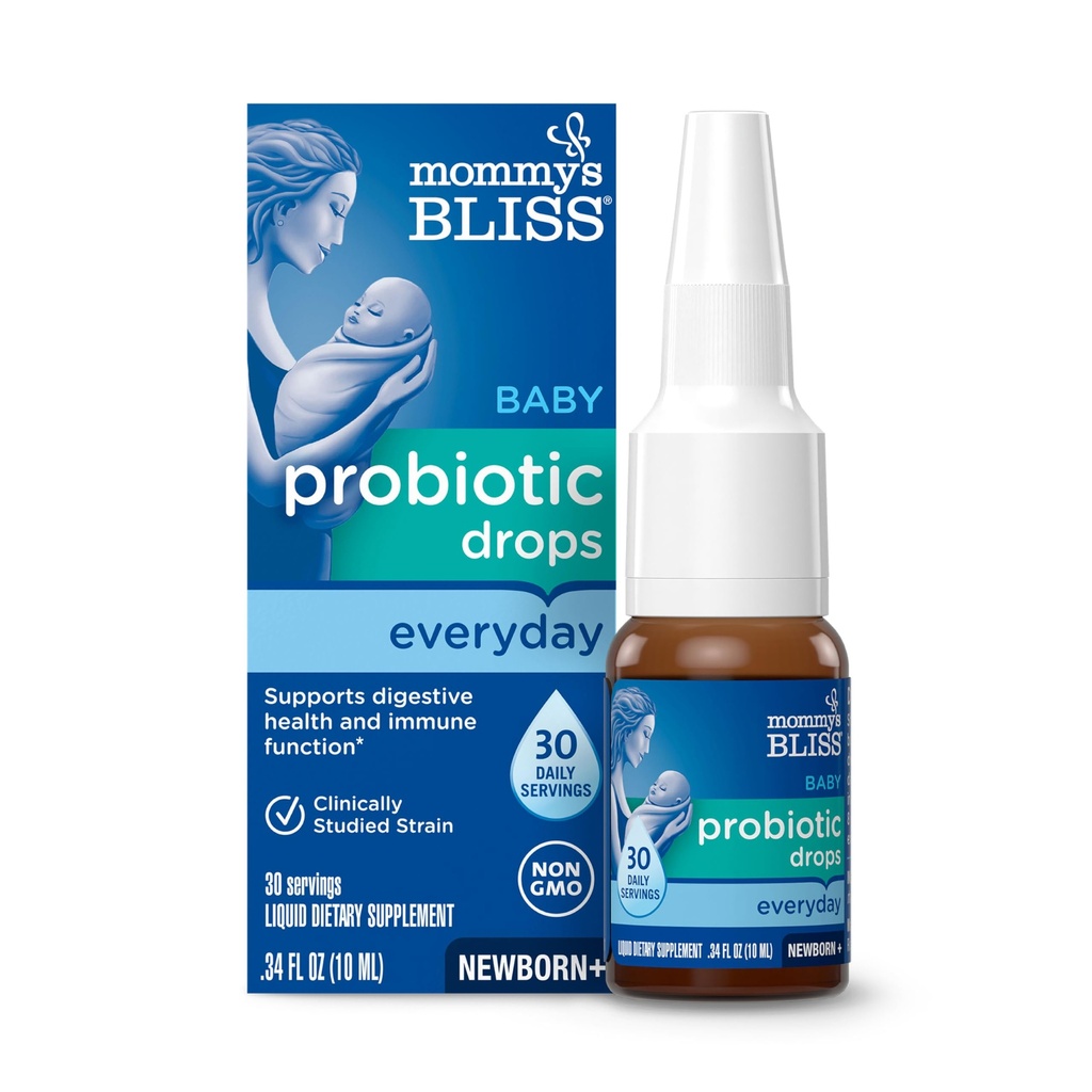 Mom's Bliss Baby Probiotic Drops, Daily Gas, Constipation, et Colic Symptom Relief + Immune Support, Nouveau-nés & Haut, 0,34 Fl Oz (30 portions)