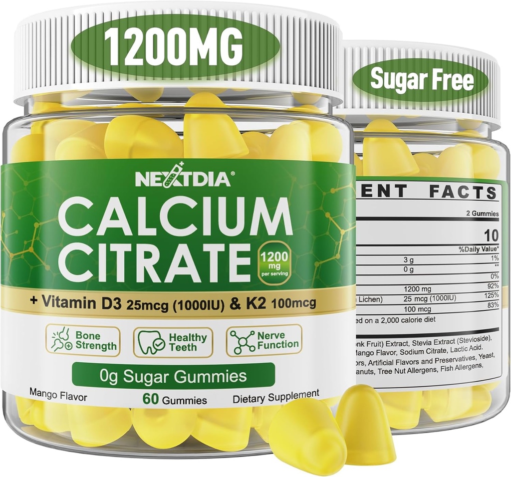 Citrate de calcium Gommies 1200mg avec vitamine D3 K2, suppléments de calcium à croquer pour les femmes et les hommes, soutien à haute puissance B0ne, Te*th, force et santé immunitaire, saveur de mangue, non-OGM, sans sucre, 120 Cts