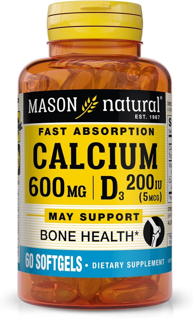 MASON NATURAL Absorption rapide Calcium avec vitamine D3 - renforce la fonction musculaire, soutient les os sains et la santé globale, 60 softgels
