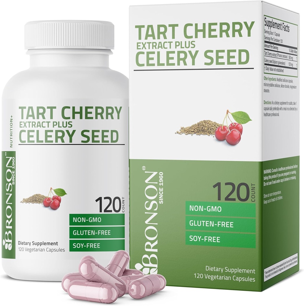 Bronson Tart Cherry Extract + Celery Seed Capsules - Powerful Uric Acid Cleanse, Joint Mobility Support & Muscle Recovery Supplément - Formule non OGM, 120 Capsules végétariennes