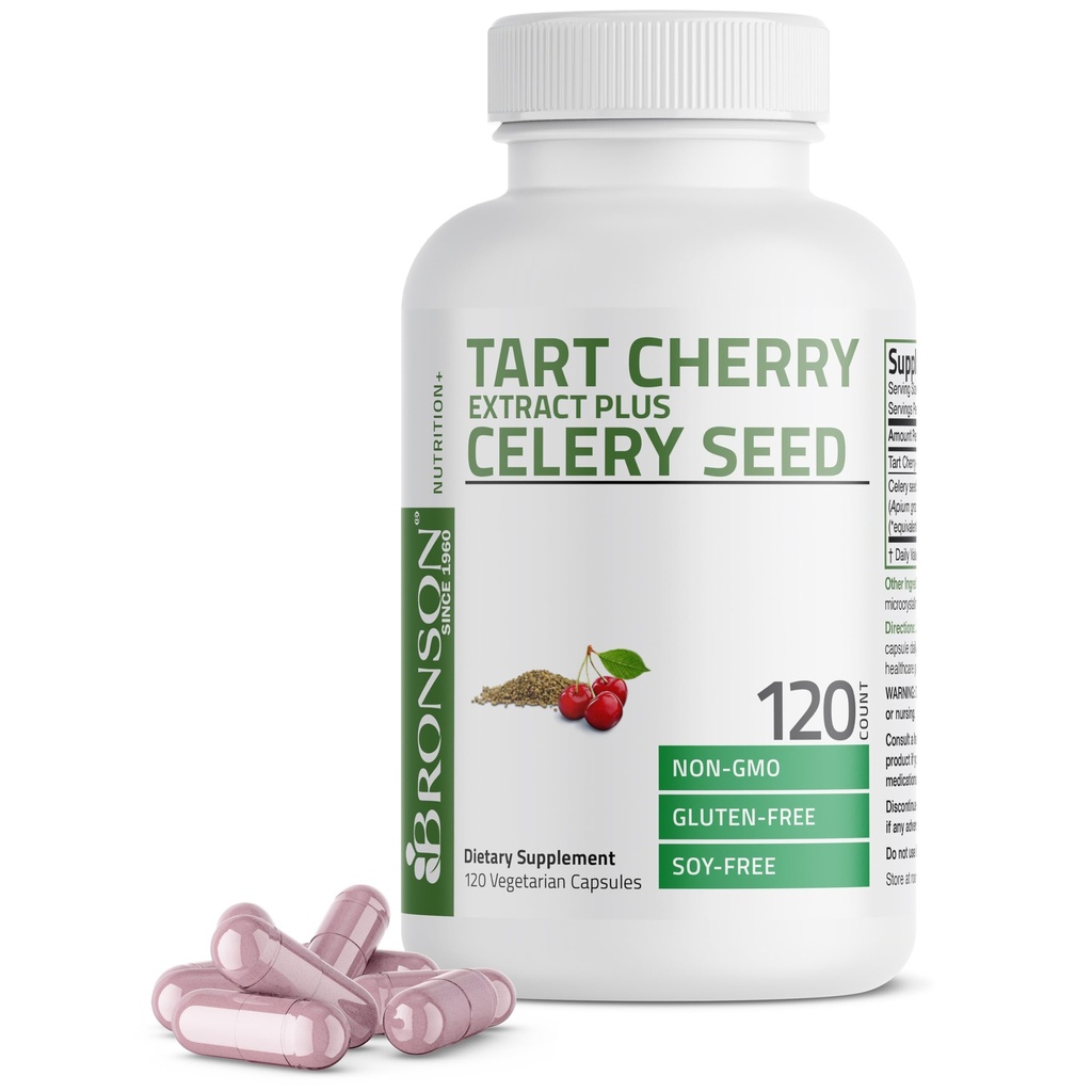 Bronson Tart Cherry Extract + Celery Seed Capsules - Powerful Uric Acid Cleanse, Joint Mobility Support & Muscle Recovery Supplément - Formule non OGM, 120 Capsules végétariennes