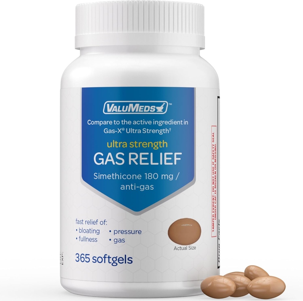 ValuMeds Gas Relief for Adults Siméthicone.Soulager le gonflement, la douleur, le malaise et l'irrégularité.Comparer à l'ingrédient actif dans PHAZYME et Gas-X (365 Count - 180mg)